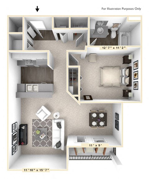 Floor plan for 1 bed, 1 bath, 786 sqft